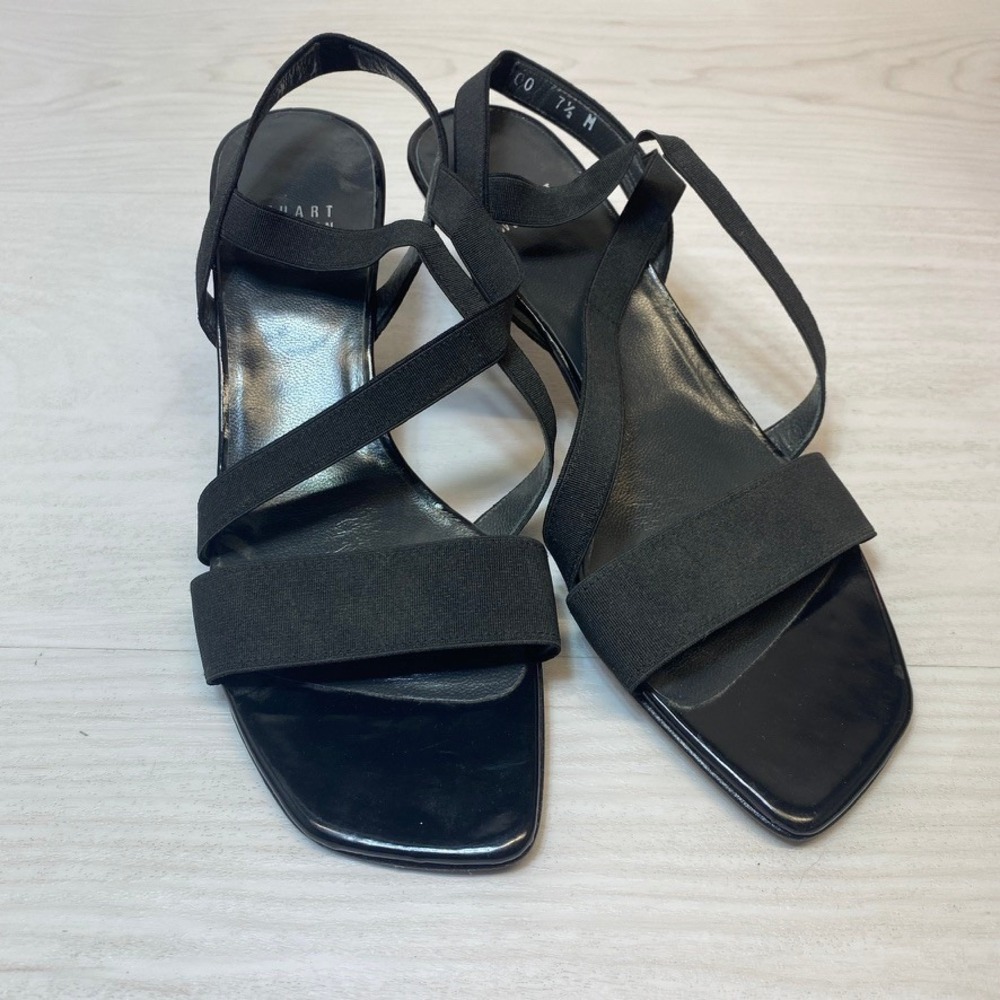 Stuart Weitzman Womens 7.5M Sandals Kitten Heel Black Elastic Strappy Square Toe